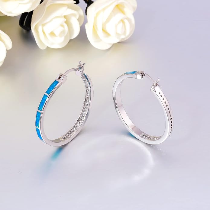 CiNily Opal Hoop Earrings,Women Jewelry Rhodium Plated/Rose Gold or Yellow Gold Plated Gemstone Big Hoop Earrings 32mm