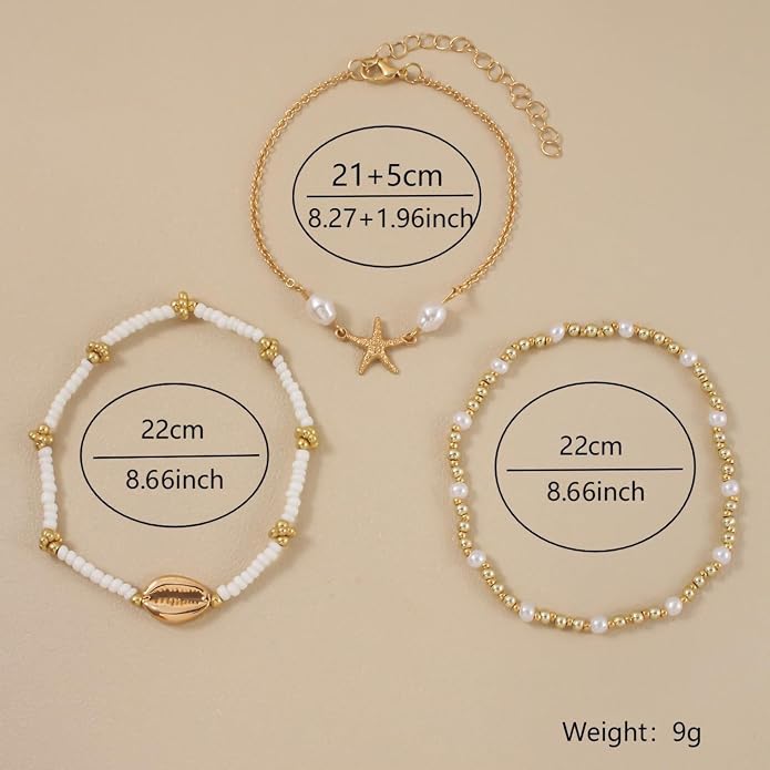 Qceasiy Bead Ankle Bracelets Set For Women, Adjustable Gold Plated Boho Shell Anklet, Hawaiian Beach Seashell Pearl Disc Starfish Conch Foot Jewelry, Summer Fashion Gifts