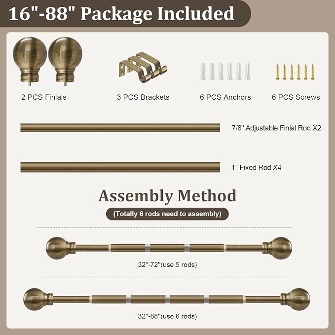 Antique Bronze Curtain Rods for Windows 48 to 84 Inch 1" Diameter | Adjustable Heavy Duty Brass Window Curtain Rod with Metal Finials for Living Room Bedroom Farmhouse Kitchen Outdoor