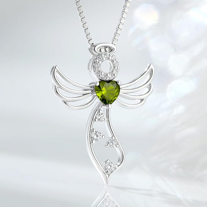 925 Sterling Silver Guardian Angel Pendant Necklace for Women - Birthstone Cubic Zirconia, 18" Chain, Gift for Her