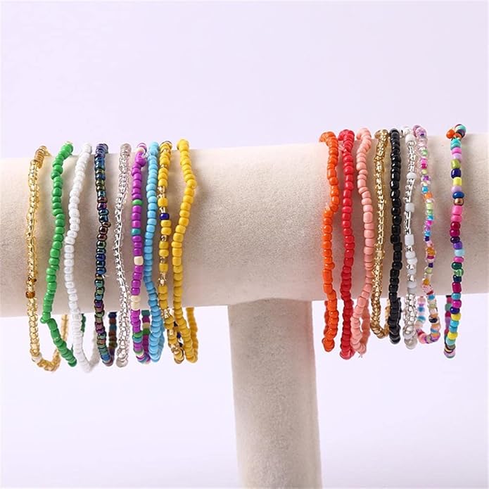 KIFEDSLJ 24Pcs Colorful Beaded Anklets Boho Handmade Beaded African Anklets Multicolor Seed Beads Stretch Ankle Bracelets for Women Elastic Foot and Hand Chain Jewelry