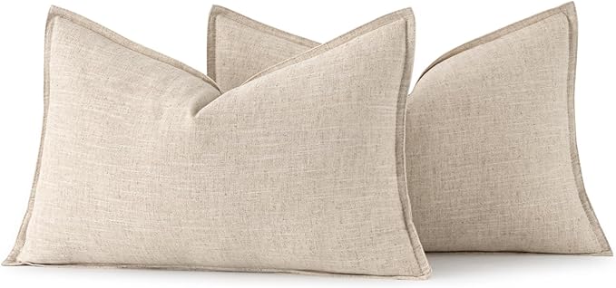 MIULEE Decorative Linen Lumbar Pillow Covers 12x24 Inch Natural Beige | Boho Farmhouse Neutral Couch Throw Pillows for Bed, Pack of 2 Accent Modern Pillowcases, Sofa Livingroom Home Decor