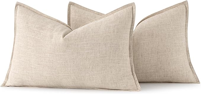 MIULEE Decorative Linen Lumbar Pillow Covers 12x20 Inch Natural Beige | Boho Farmhouse Neutral Couch Throw Pillows for Bed, Pack of 2 Accent Modern Pillowcases, Sofa Livingroom Home Decor