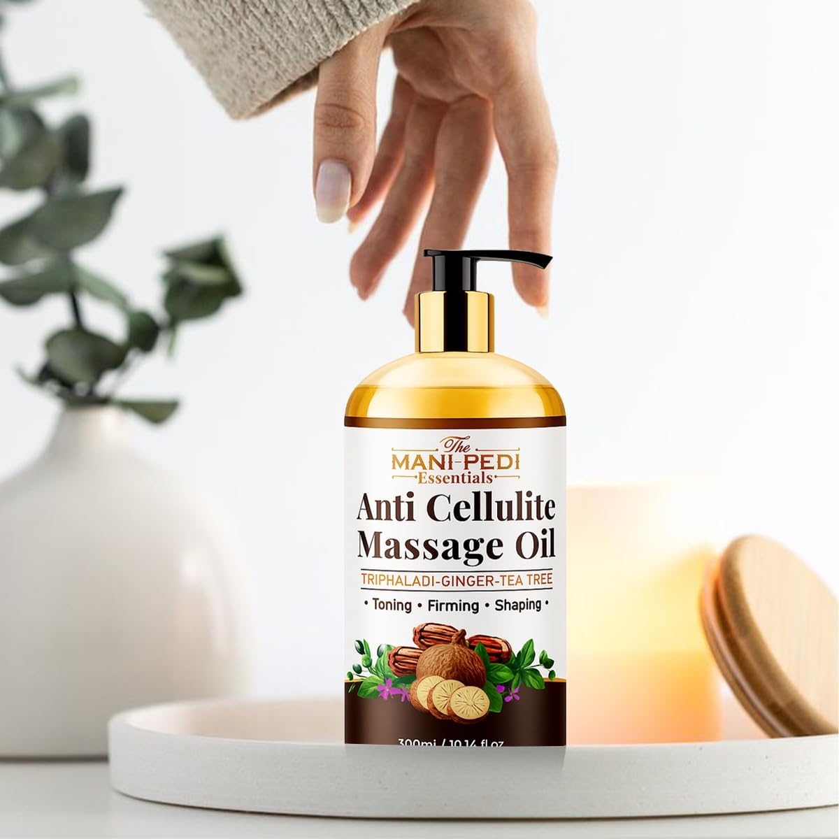 Anti Cellulite Massage Oil with Ginger Oil, Tea-Tree Oil & Natural Herbs for Toning, Firming & Shaping. 100% Natural Ingredients, Non-Sticky Texture - 10 Fl Oz