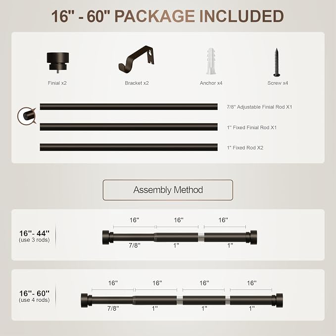 Lootkell Modern Brown Curtain Rods for Windows 28 to 48 Inches Adjustable Length Heavy Duty 1" Diameter Window Curtain Rod with Decorative Finials for Outdoor Bedroom Kitchen Living Room