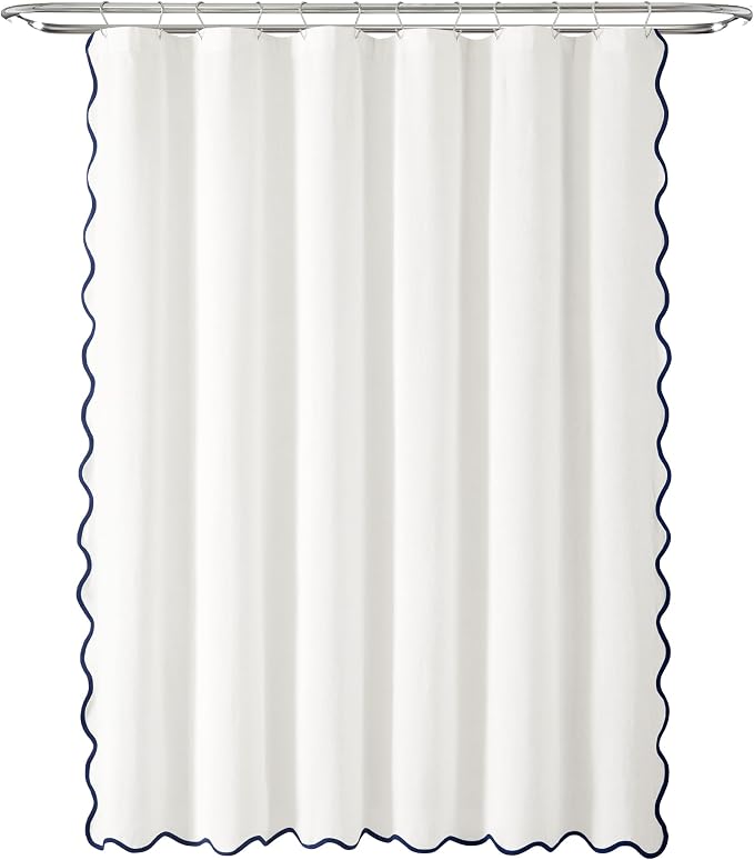 Lush Decor Coastal Chic Scalloped Edge Light Filtering Window Curtain Panels Pair, 52" W x 84" L, Navy & White - White Curtains for Living Room - Coastal Decor (Pack of 8)