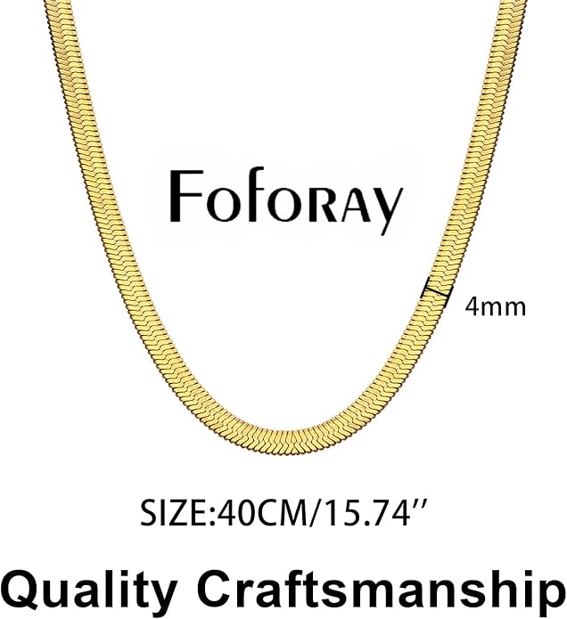 Gold Herringbone Necklace For Women - Rope Chork,Flat Snake Chain Necklaces in 18K Gold & White Gold Plated Tone - Simple Daily Jewelry-Tarnish Free-16-18in