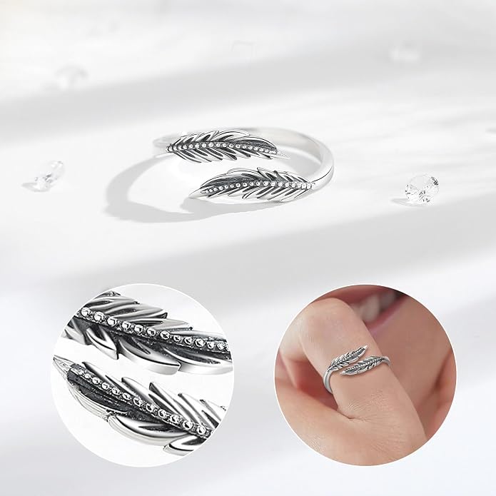 Vito 925 Sterling Silver Adjustable Open Spoon Ring for Women Men, Lotus Sunflower Snake Spoon Band Rings Feather Hug Witches Knot Inspirational Jewelry Gift for Wife