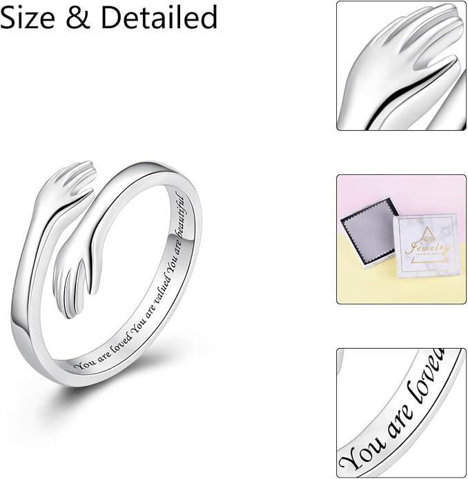 S925 Sterling Silver Hug Rings for Women Teen Girls Adjustable Ring for Granddaughter Daughter Hope Promise Friendship Hand Ring Jewelry for Birthday Graduation Christmas Mothers Day Valentines Gifts