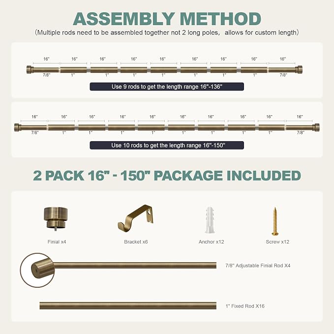 Lootkell 2 Pack Antique Bronze Curtain Rods for Windows 72 to 144 Inches Adjustable Heavy Duty 1" Diameter Window Curtain Rod with Solid Metal Finials for Outdoor Farmhouse Bedroom Kitchen Living Room