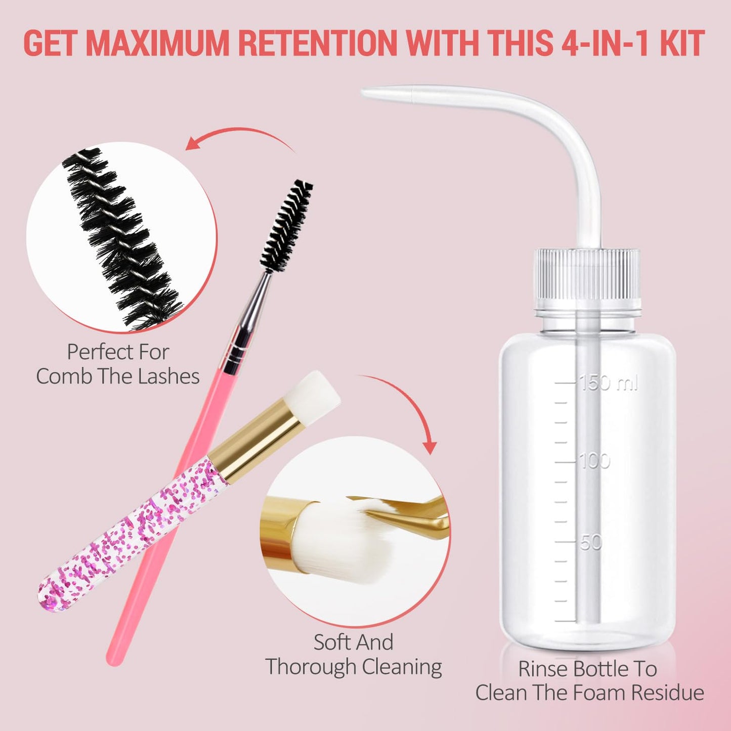 EMEDA Lash Shampoo Kit - 3.38 fl.oz / 100ml Gentle Foam Lash Cleanser, Oil-Free Cleaning for Wash Extension/Natural Eyelash Bath with Rinse Bottle Brush (Strawberries)