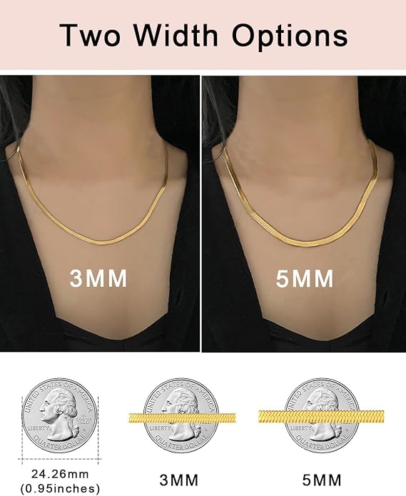 FOCALOOK 14K Gold Plated Necklaces for Women, Fashion Herringbone Choker Necklace Stainless Steel Flat Snake Chain 3/5MM(W) 12.5"/15"/18"+3.5"(L)
