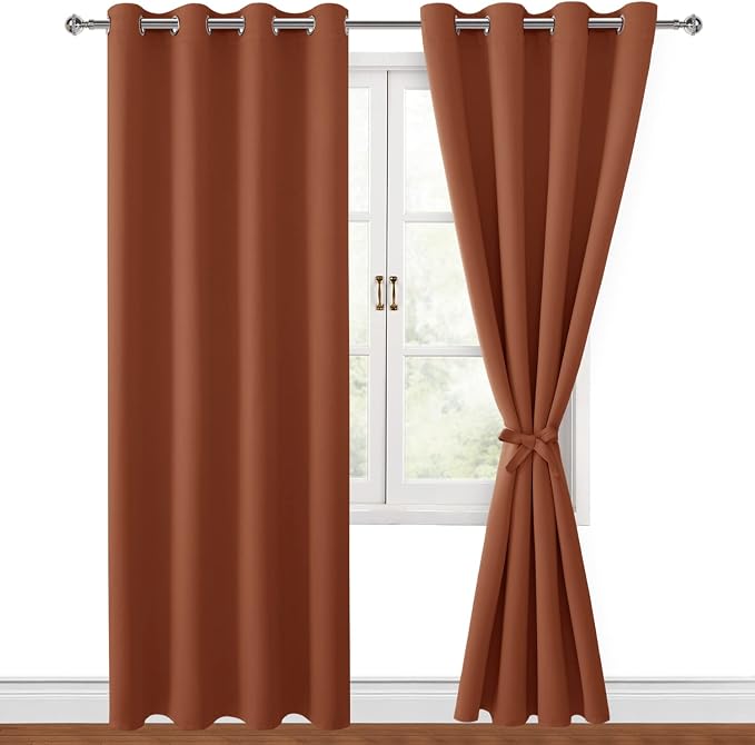 Hiasan Fall Blackout Curtains for Bedroom Home Decor, 52 x 96 Inches Long - Thermal Insulated & Light Blocking Window Curtains for Living Room/Kids Room, 2 Drape Panels Sewn with Tiebacks, Burnt Ochre
