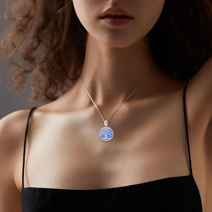 Tree of Life Moissanite Necklace, 925 Sterling Silver 0.5 Carat Moissanite Abalone Shell/Opal/Black Onyx/Turquoise/Malachite/Tiger Eye Stone Tree of Life Pendant Necklaces Jewelry Gift for Women Mom
