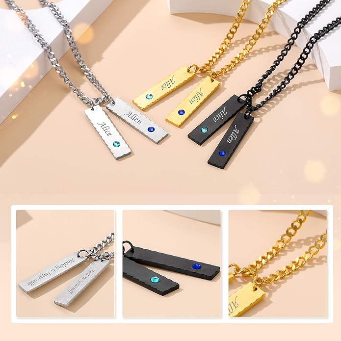 Custom4U Personalized Birthstone Bar Necklaces for Women, Custom Handmade Silver/Black/Gold Vertical Bar Pendants with 1-3 Names Engraved,Unique Memorial Necklace for Her