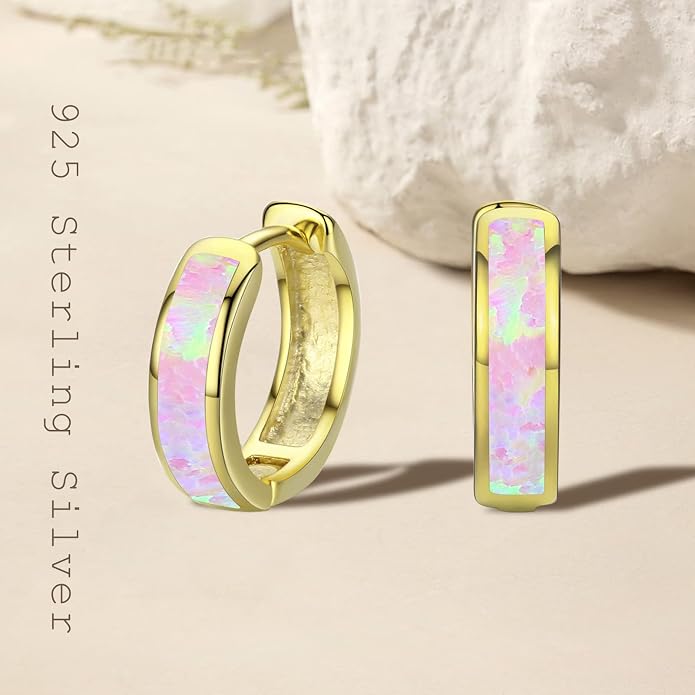 CUOKA MIRACLE 925 Sterling Silver Opal Hoop Earrings for Women - Opal Hinged Huggie Hoops, Hypoallergenic Small Hoop Earrings for Sensitive Ears, Dainty Everyday Jewelry Birthday Christmas Gift
