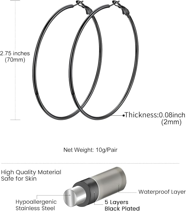 KeyStyle Gold Hoop Earrings for Women, Stainless Steel Hoops Earring Lightweight Loops, 2 mm Thick Hypoallergenic Circle Endless Thin Hoop (20/30/40/50/60/70/80/90/mm)