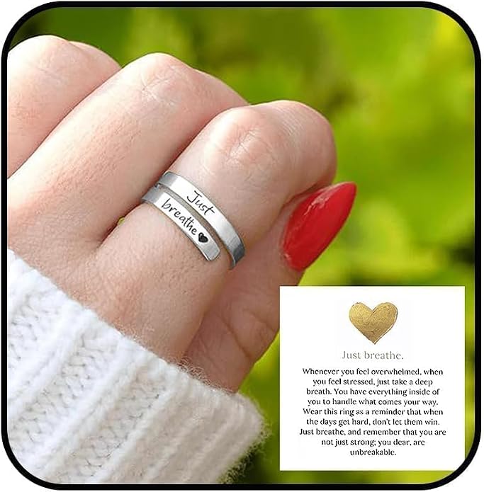 HUASAI Just Breathe Hope Rings for Women Adjustable Tarnish Resistant Stainless Steel Inspirational Jewelry Gifts
