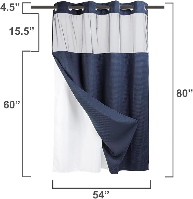 River Dream Heavyweight No Hooks Required Dotted Waffle Weave Shower Curtain with Snap in Liner -Stall 54W x 80H,Hotel Grade,Spa Like Bath Curtain,Navy