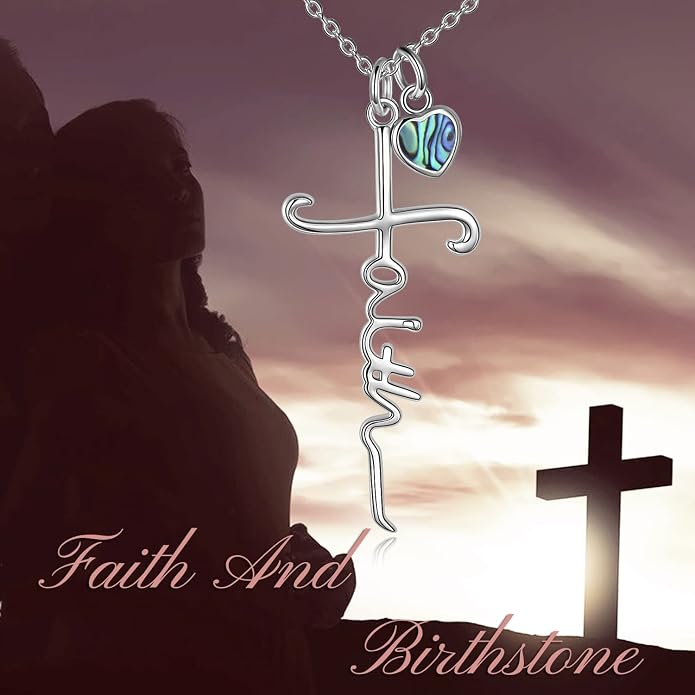 Faith Cross Necklace For Women Birthstone Sterling Silver with Simulated Birthstone Cross Jewelry Christian Gifts