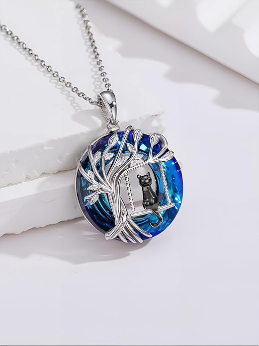TOUPOP Cat Necklace Gifts for Women Sterling Silver Celtic Mounatin Moon Pendant with Blue Crystal Birthday Christmas Jewelry Gifts for Women
