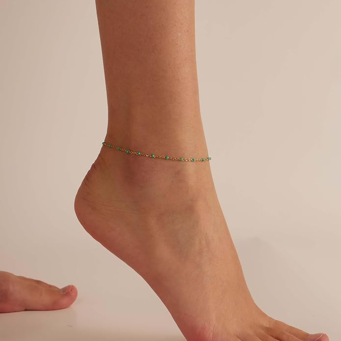 Dainty Ankle Bracelets for Women 18K Gold Plated Satellite Beaded Herringbone Lip Chain Anklets Simple Minimalist Summer Beach Foot Jewelry Christmas Gifts