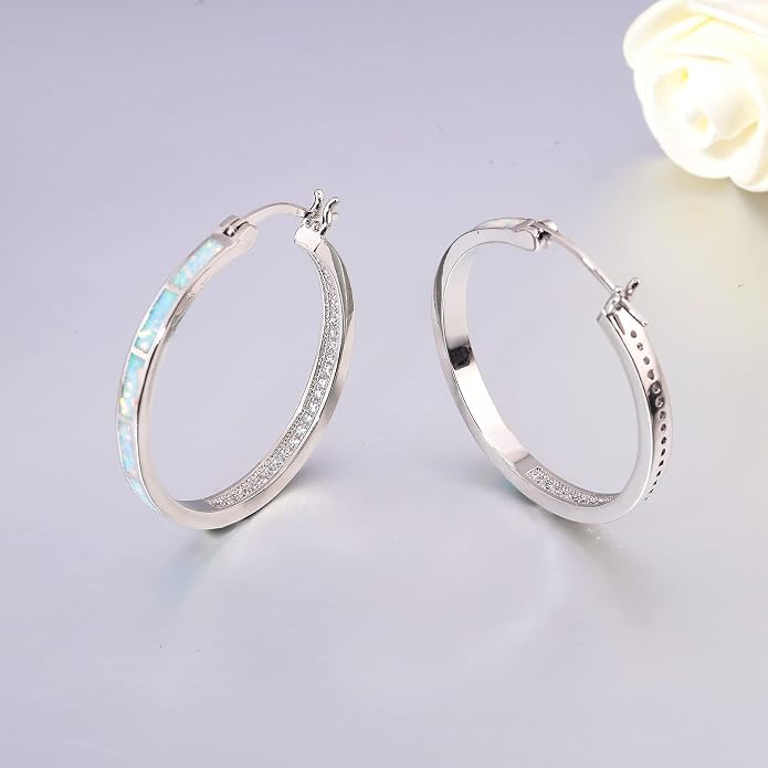 CiNily Opal Hoop Earrings,Women Jewelry Rhodium Plated/Rose Gold or Yellow Gold Plated Gemstone Big Hoop Earrings 32mm
