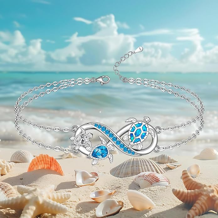 Fenthring Turtle Anklets for Women Turtle Ankle Bracelet Blue Opal Sea Sterling Silver Infinity Wave Ocean Beach Summer Jewelry Mothers Day