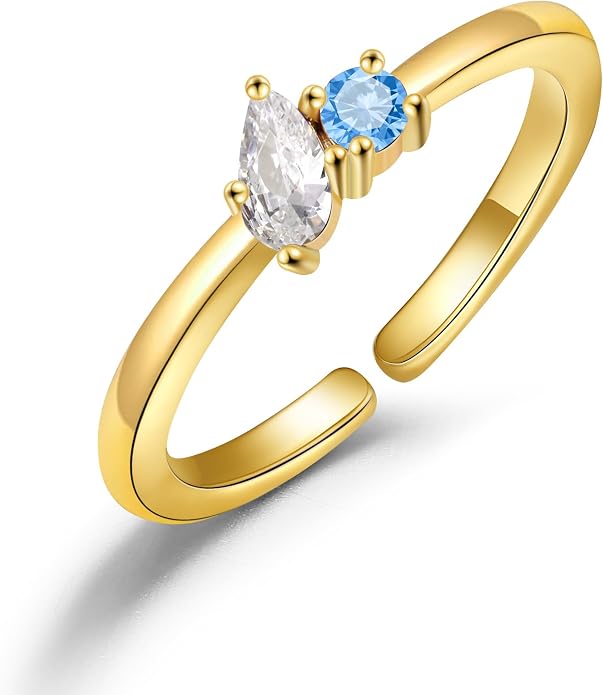 JSJOY Birthstone Rings for Women Dainty Emerald Blue Ring Birthday Gifts for Mom Her Gemstones CZ Ring for Teens Gold Rings That Don't Tarnish Adjustable Ring Jewelry Gifts