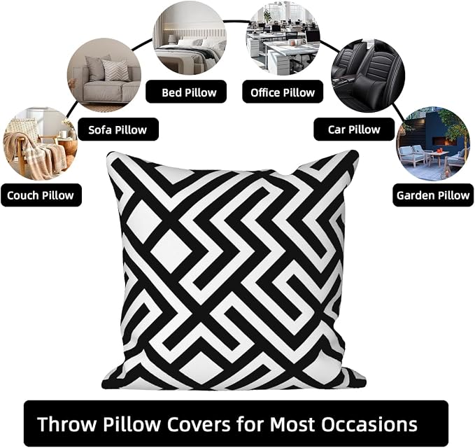 Black White Geometric Throw Pillow Cover 18"x18" Set of 4, Modern Minimalist Abstract Irregular Pattern Cushion Cover for Sofa Chair Couch Bed Office Patio Farmhouse Indoor Outdoor