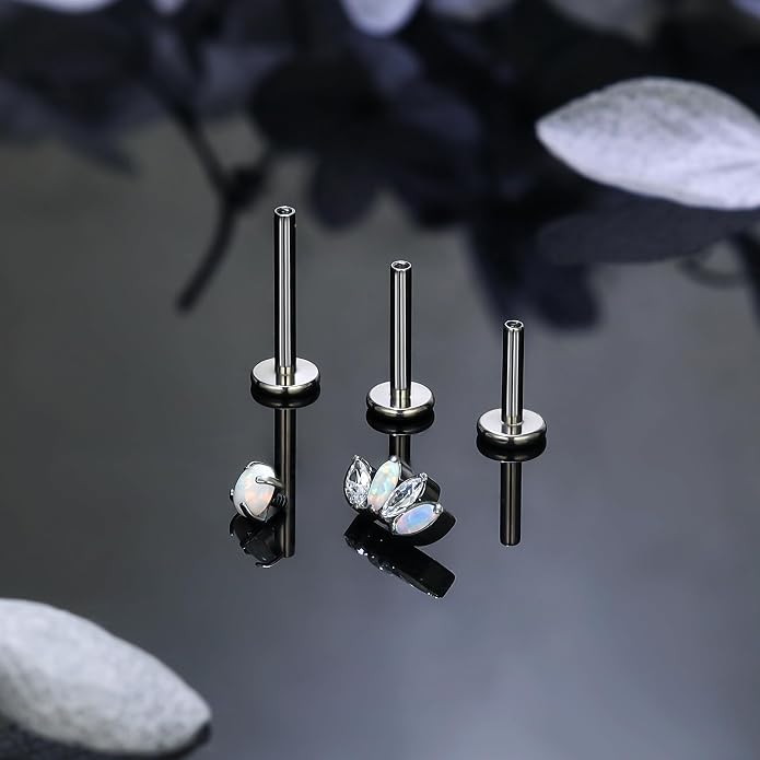 Ruifan Titanium Flat Back Lip Rings Internally Threaded Earrings Studs Nose Rings 16G Opal CZ Tragus Cartilage Lobe Rook Helix Conch Labret Medusa Piercing Jewelry for Women Men W Piercing Taper Set