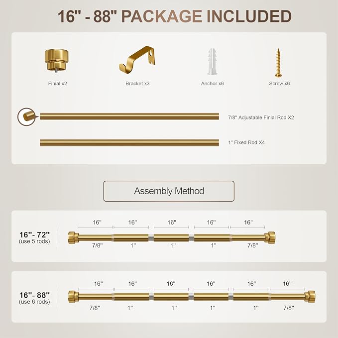 Lootkell Modern Gold Curtain Rods for Windows 48 to 84 Adjustable Length Heavy Duty 1" Diameter Brass Window Curtain Rod with Solid Metal Finials for Outdoor Farmhouse Bedroom Kitchen Living Room