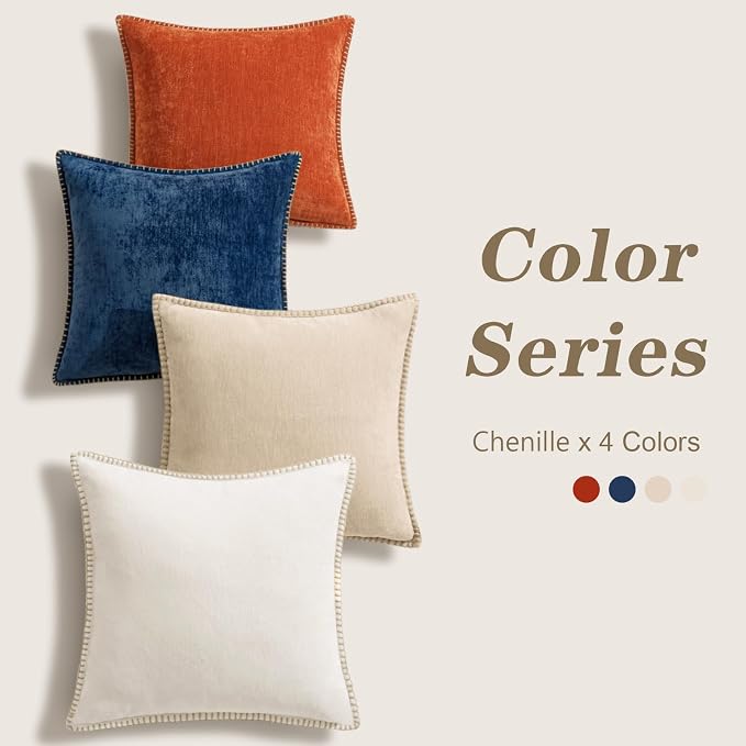 decorUhome Fall Soft Decorative Chenille Throw Pillow Covers 18x18 Set of 4 | Beige Rust Cozy Decorative Modern Farmhouse Neutral Pillow Cases with Stitched Edge for Couch Sofa Bed Living Room Home Decor