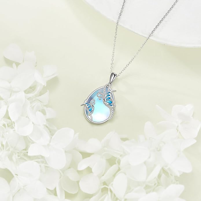KQF Dragonfly/Butterlfy/Cat/Jellyfish/Bunny/Axolotl/Bee/Mermaid/Hummingbird/Elephant Necklace for Women Sterling Silver Moonstone Pendant Necklace Dragonfly Jewelry Gifts for Women