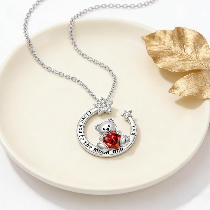 PELOVNY Teddy Bear Necklace for Women 925 Sterling Silver Bear/Highland Cow/Fox/Cat/Axolotl Birthstone Necklace Christmas Birthday Jewelry Gifts for Mom Daughter Wife Sister
