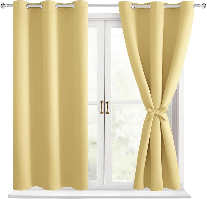 Hiasan Short Blackout Curtains for Bedroom - Thermal Insulated & Energy Saving Window Curtains for Living Room, 2 Drape Panels Sewn with Tiebacks, Light Yellow, 42 x 45 Inch