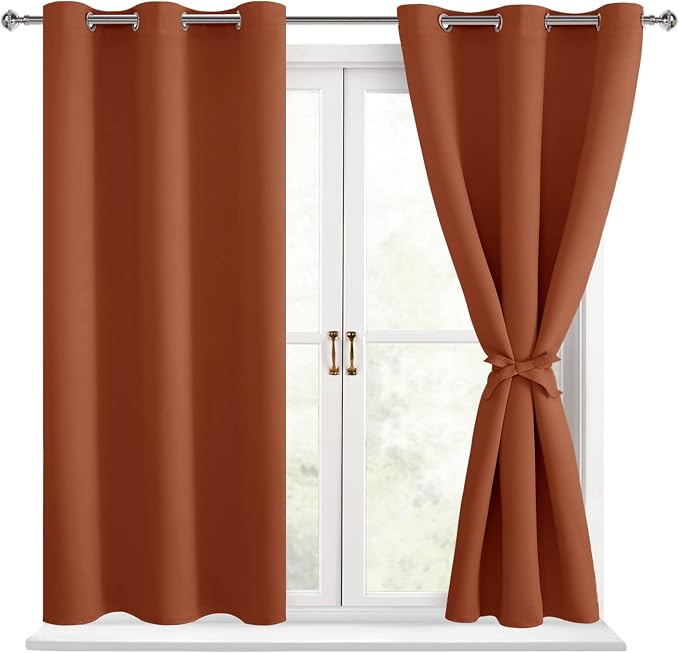 Hiasan Blackout Curtains for Bedroom - Thermal Insulated & Energy Saving Window Curtains for Living Room Fall Home Decor, 2 Drape Panels Sewn with Tiebacks, Burnt Ochre, 38 x 54 Inch