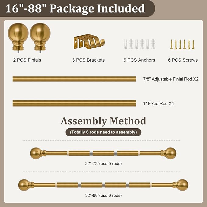 Modern Gold Curtain Rods for Windows 48 to 84 Inch 1" Diameter | Adjustable Heavy Duty Brass Window Curtain Rod with Metal Finials for Living Room Bedroom Farmhouse Kitchen Outdoor