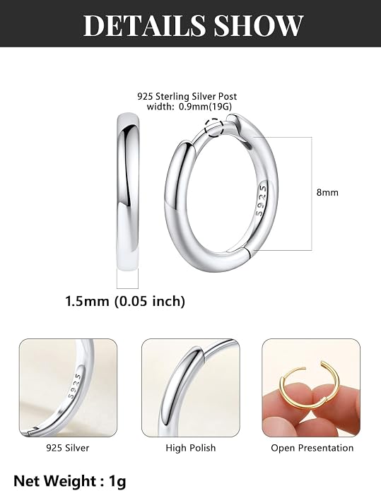 Silvora 14K Gold Plated Huggie Hoop Earrings for Women, Small Sterling Silver Hoops, Hypoallergenic Cartilage Earrings for Sensitive Ears 8/10/12/14/16/18/20MM