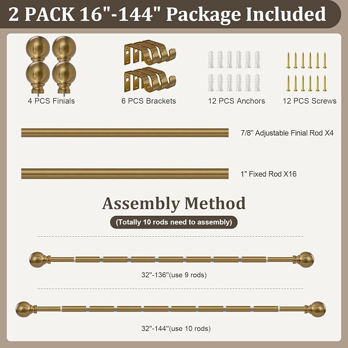 2 Pack Warm Gold Curtain Rods Double for Windows 72 to 144 Inch Extra Long | Brass Heavy Duty Window Treatment Rods Adjustable with Vintage Brushed Bronze Metal Finials for Living Room Bedroom Kitchen
