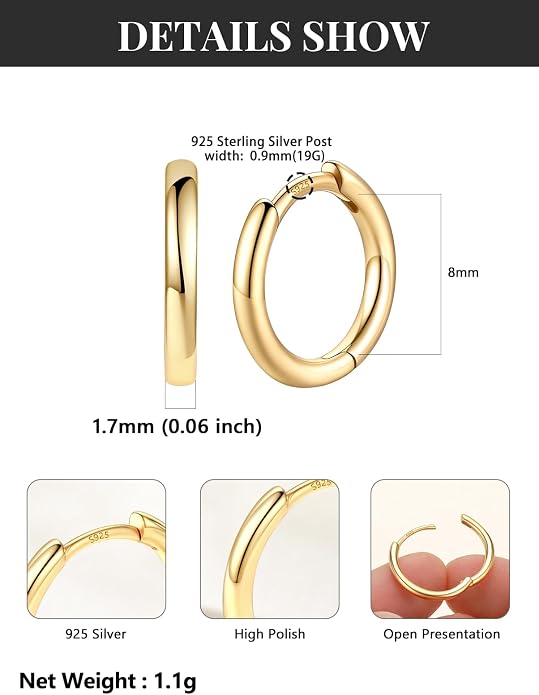 Silvora 14K Gold Plated Huggie Hoop Earrings for Women, Small Sterling Silver Hoops, Hypoallergenic Cartilage Earrings for Sensitive Ears 8/10/12/14/16/18/20MM