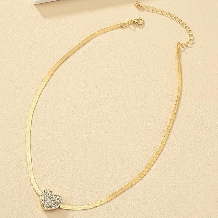 Heart Pendant Herringbone Choker Necklace For Women Gold Silver Options Crystal Pave Charm Adjustable Layering Style Minimalist Chic Everyday Wear