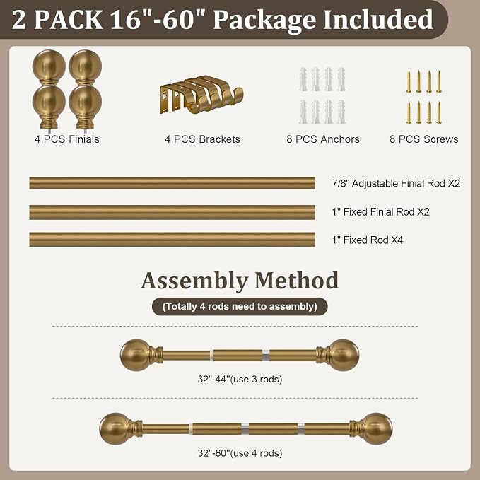 2 Pack Warm Gold Curtain Rods for Windows 28 to 48 Inch 1" Diameter Short | Vintage Brass Adjustable Heavy Duty Antique Brushed Bronze Metal Decorative with Finials for Living Room Bedroom Kitchen