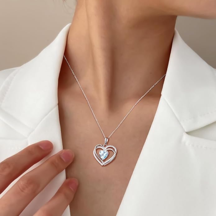 Anniversary Charm Necklace, Sterling Silver 14K Gold Plated Chain with Interlocking Heart Pendant Elegant Birthstone Necklaces for Women, Length 18"