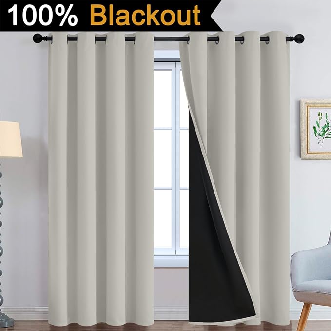 Yakamok Cream Beige 100% Blackout Curtains 84 Inches Long 52" Wide 2 Panels | Blackout Curtain Panels for Bedroom, 2 Thick Layers Grommet Top Thermal Insulated Drapes with Black Liner for Living Room
