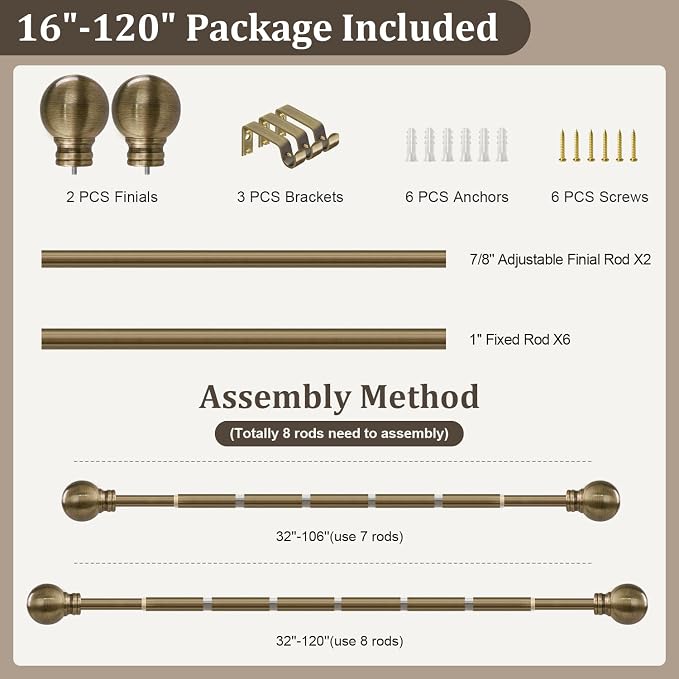 Antique Bronze Curtain Rods for Windows 66 to 120 Inch 1" Diameter | Heavy Duty Brass Window Curtain Rod with Metal Finials for Living Room Bedroom Farmhouse