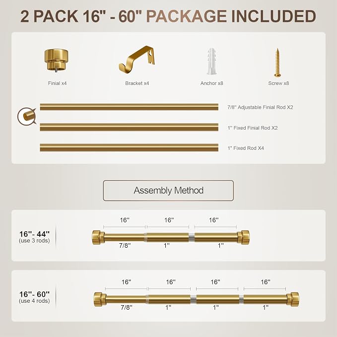 Lootkell 2 Pack Modern Gold Curtain Rods for Windows 28 to 48 Adjustable Length Heavy Duty 1" Diameter Brass Window Rod with Solid Metal Finials for Outdoor Farmhouse Bedroom Kitchen Living Room