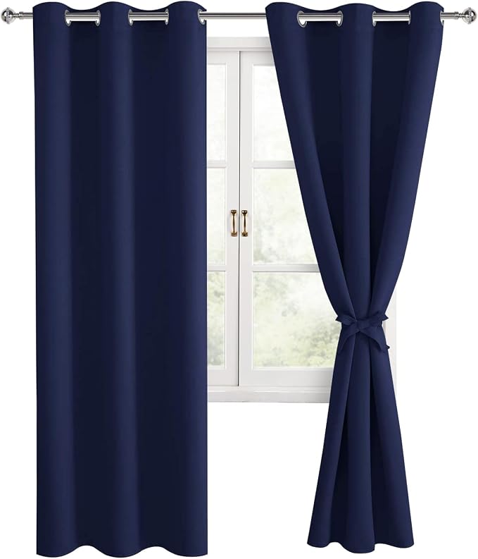 Hiasan Blackout Curtains for Bedroom and Living Room, Light Blocking, Noise Reducing Window Curtain Panels, Tiebacks Included, Set of 2, Grommet Top (Navy Blue, Width 38 Inch x Length 72 Inch)