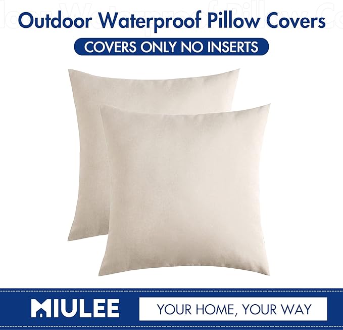 MIULEE Pack of 2 Decorative Outdoor Solid Waterproof Throw Pillow Covers Faux Linen Garden Farmhouse Cushion Cases for Patio Tent Balcony Couch Sofa 12x12 Inch Beige