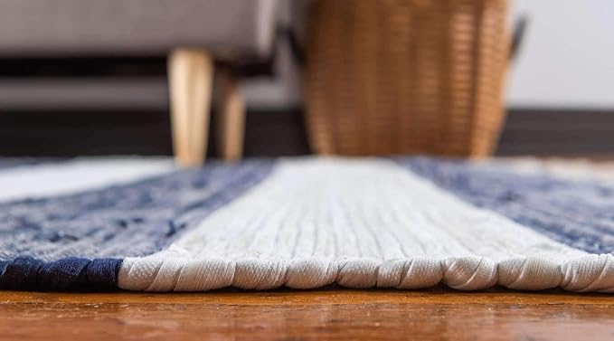 Unique Loom Chindi Rag Collection Area Rug - Striped (2' 2" x 8' Runner, Navy Blue/ Ivory)